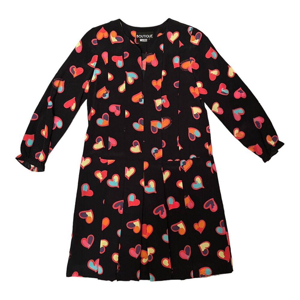 Moschino Boutique Silk Heart Print Black Dress US Size 4 Retail $800 - Picture 2 of 10